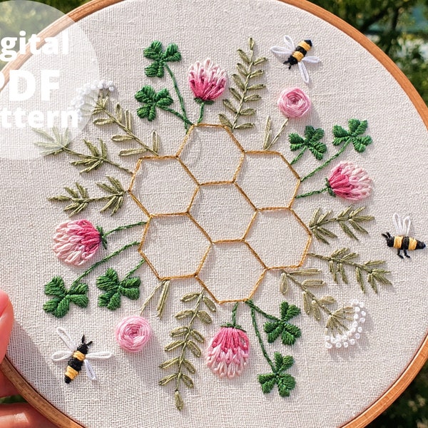 PDF pattern+ video tutorial | Honeybee and Clover | Hand embroidery pattern | Embroidery pattern | Beginner embroidery pattern