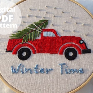 Christmas Car Hand embroidery pattern for Beginner, Winter hoop art, PDF pattern+ video tutorial