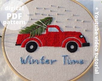Patrón de bordado a mano de coche de Navidad para principiantes, arte de aro de invierno, patrón PDF + video tutorial
