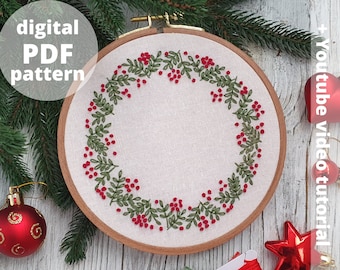 Patrón de bordado a mano de corona navideña + Vídeo (PDF)