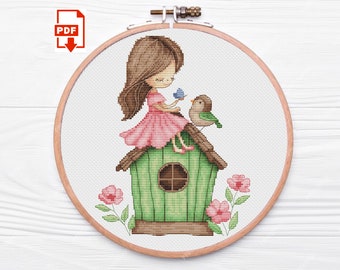 Patrón de punto de cruz de niña y casa de pájaros: Flor caprichosa XStitch (PDF)