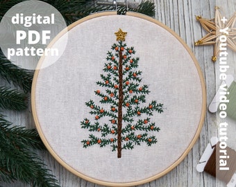 PDF pattern+ video tutorial | Beaded Christmas Tree | Christmas Hand embroidery pattern | Beginner embroidery pattern | Pine tree embroidery