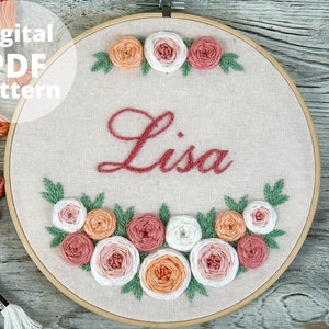 Custom Name Embroidery Hoop Pattern, PDF pattern+video tutorial, Embroidery pattern for begginers