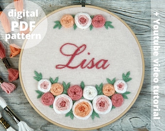 Patrón de bastidor de bordado floral con nombre personalizado: Tutorial para principiantes (Patrón PDF)