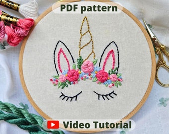 Patrón de bordado a mano Unicornio para principiantes, patrón PDF + vídeo tutorial