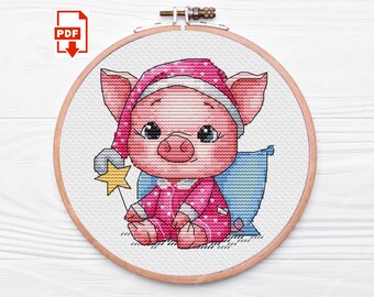 Patrón de punto de cruz de cerdito en pijama: Muestrario de bebé divertido (PDF)