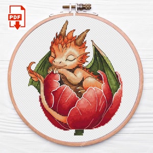 Cross Stitch Pattern PDF Dragon in Tulip - Counted Cross Stitch - Fantasy Cross Stitch - Cute Cross Stitch