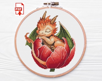 Patrón de punto de cruz de dragón en tulipán: diseño de fantasía (patrón PDF)