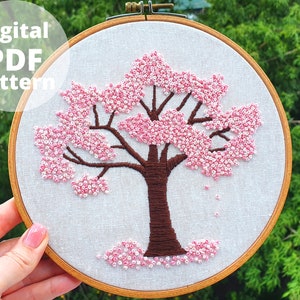 Spring Cherry Blossom Tree Hand embroidery pattern  for Beginners embroidery, PDF pattern+ video tutorial