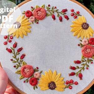 PDF pattern+video tutorial | Sunflowers and rosehip | Hand embroidery pattern |Autumn Wreath| Embroidery pattern for begginers | Needlepoint
