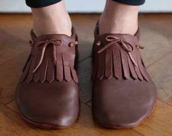 Slippers, Moccasins, Lederhausschuhe, Lederpuschen, Moccs, Hausschuhe, Adultsmoccs, Bioleder, Braun