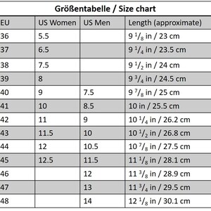 May include: Size chart for shoes in European, US Women's, and US Men's sizes. The chart shows the corresponding length in inches and centimeters.