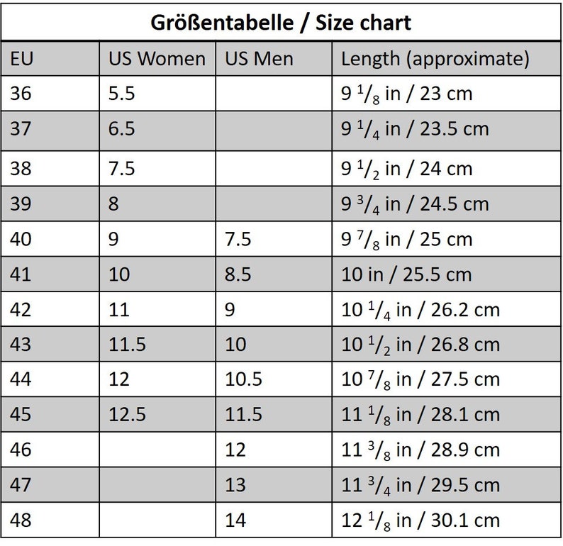 May include: Size chart for shoes in European, US Women's, and US Men's sizes. The chart shows the corresponding length in inches and centimeters.