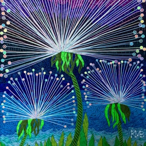 Arte con carta quilled, denti di leone, fiori, artistico, festa del papà, dente di leone, rametti bianchi, sfondo blu ed erba verde, arte murale