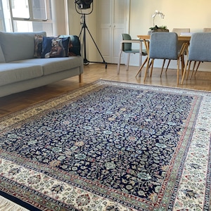 Turkish Hereke Area Rug - blue,white,green - 77x107 inches