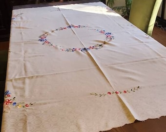 Vintage ecru embroidered flowers tablecloth, Large off white tablecloth