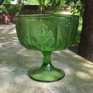 1970s Green Glass FTD Pedestal Bowl or Planter with Oak Leaf Pattern