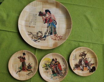 Vintage Painted Bamboo Plates, Set of 4, Vintage Decor