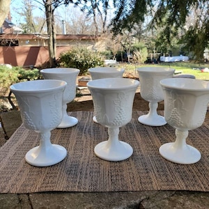 Indiana Glass Harvest Grape Milk Glass Goblet Set of 6, Water Goblets, Wine Glasses