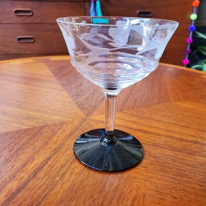 Vintage Etched Cocktail Glass with Black Base, Vintage Coupe