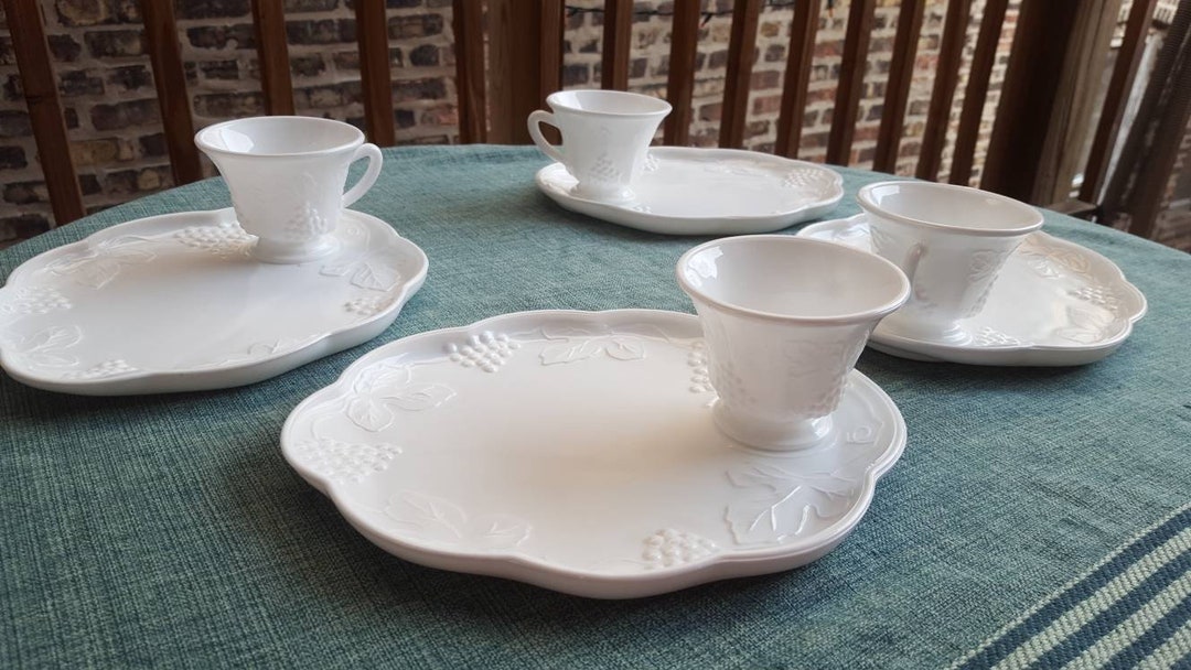 Harvest Milk Glass Snack Set, Plate and Cup Luncheon Set of 4, 8 Pieces