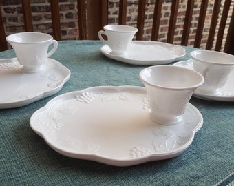 Harvest Milk Glass Snack Set, Plate and Cup Luncheon Set of 4, 8 pieces, Great for a party!
