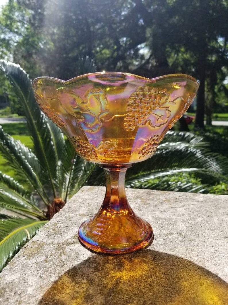 Carnival Glass Grape Harvest Marigold Pedestal Bowl great Etsy