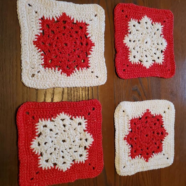 Set of 4 hand crochet pot holders in red and white, great for Christmas and the holidays