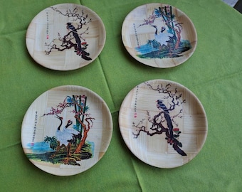 Vintage Painted Bamboo Plates, Birds Set of 4
