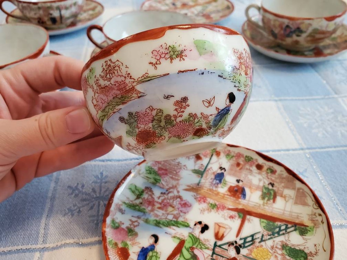 Vintage Japanese Geisha Girl Tea Cup and Saucer Set Set of 5 Etsy