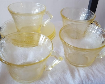 Hazel Atlas Yellow Depression Glass 4 Tea Cup and Saucer Sets in Florentine Poppy #2