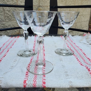 Vintage Etched Clear Glass 1950s Martini Glass Set of 3