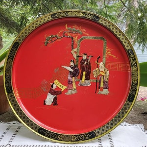 Vintage Chinese Art Tray, Red Tray, T&#39;Ang Dynasty