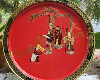 Vintage Chinese Art Tray, Red Tray, T'Ang Dynasty