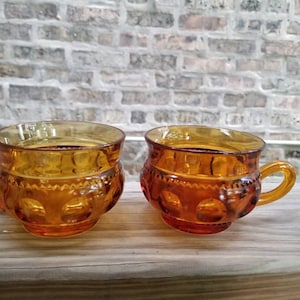 Indiana Glass Kings Crown Thumbprint Handled Cups in Amber, Set of 2