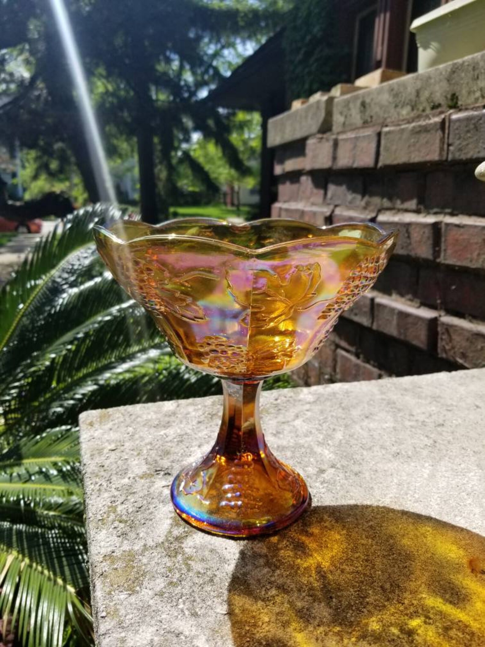 Carnival Glass Grape Harvest Marigold Pedestal Bowl Great Etsy