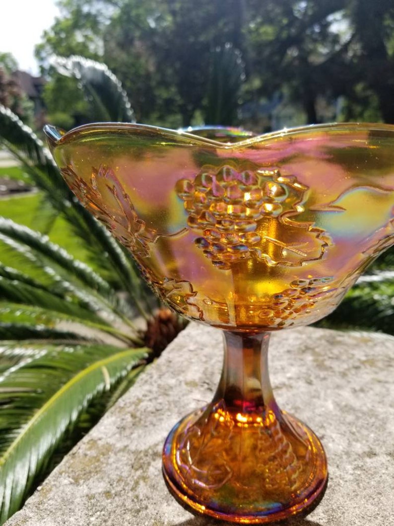 Carnival Glass Grape Harvest Marigold Pedestal Bowl great Etsy
