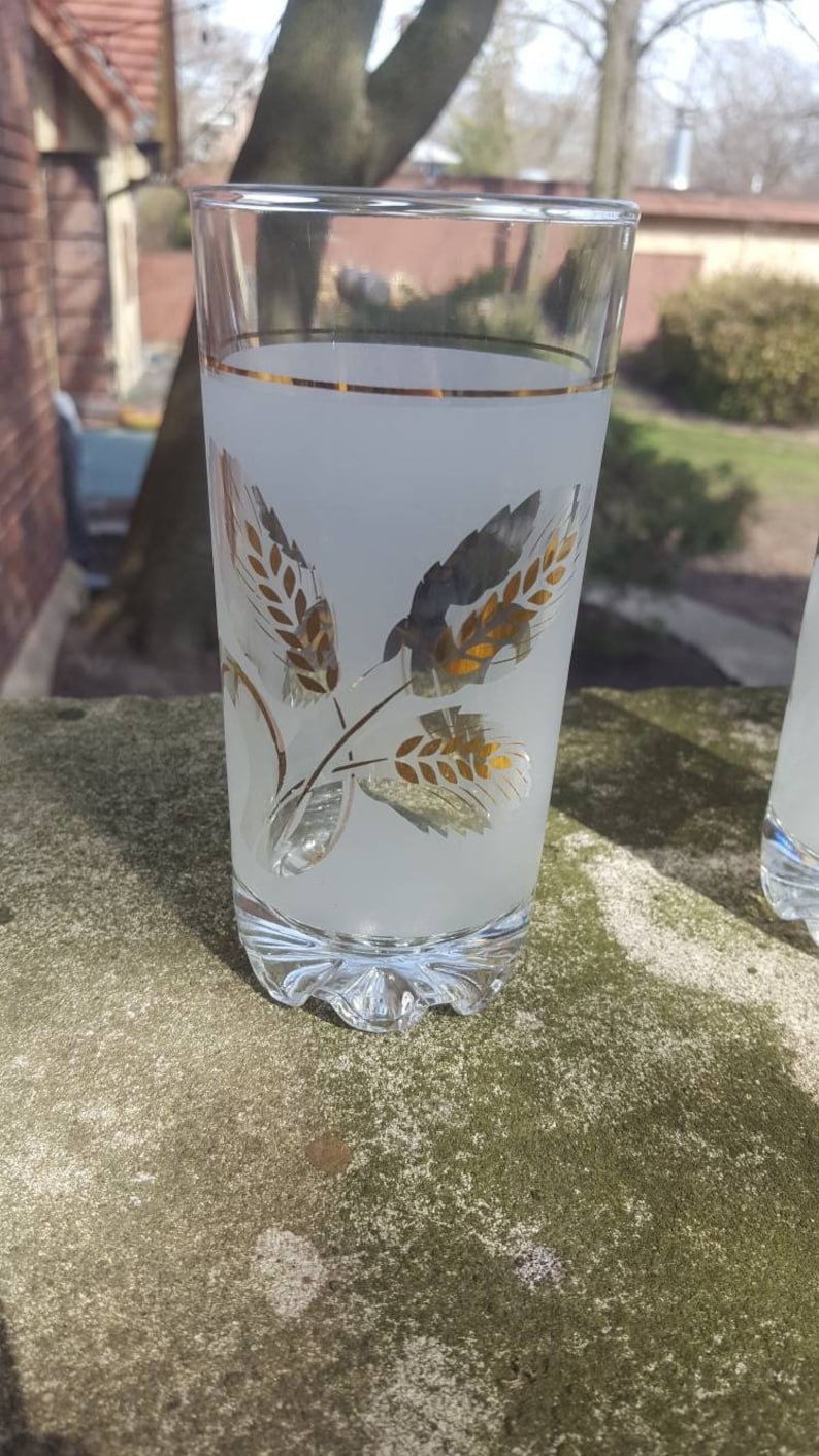 Vintage Covetro Italian Frosted Glasses set of 3 1950s chic water glasses or tumblers with Golden Wheat Stalks