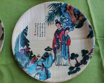 Vintage Painted Bamboo Plates, Women in a garden, Sold individually