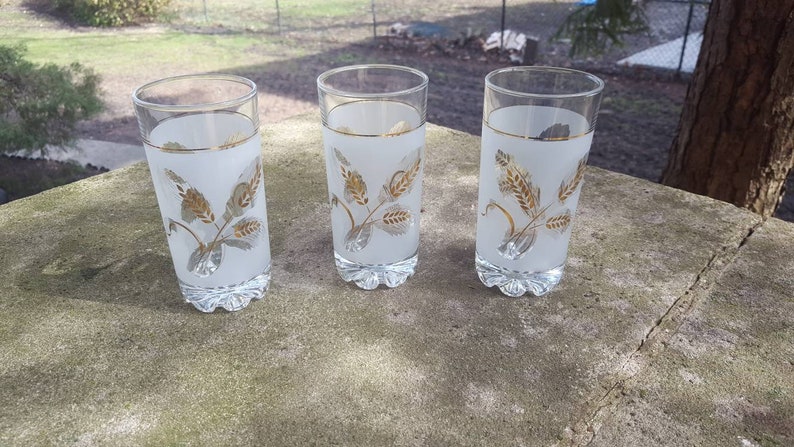 Vintage Covetro Italian Frosted Glasses set of 3 1950s chic water glasses or tumblers with Golden Wheat Stalks