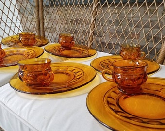 Vintage Indiana Glass luncheon plates with cups in Amber Thumbprint or Kings Crown pattern, set of 6