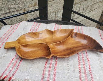 Vintage Leilani Monkey Pod 3-delad lövformad serveringsskål, Mid Century Tiki