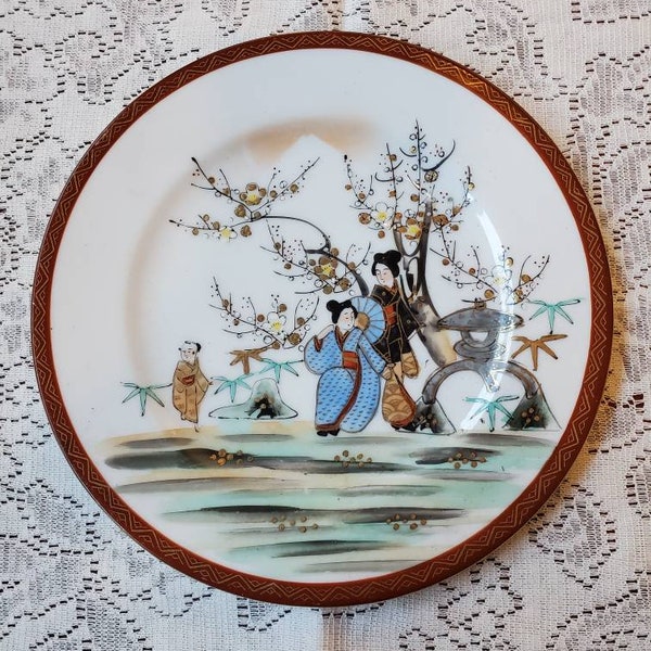 Assiette décorative japonaise vintage peinte à la main, Satsuma, assiette de geisha