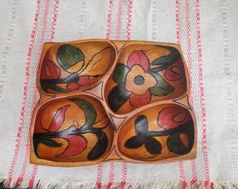 Vintage Monkey Pod serveringsskål med 4 sektioner, Mid Century Tiki