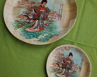 Vintage Painted Bamboo Plates, set of 2, Matching Plates, Vintage Wall Decor