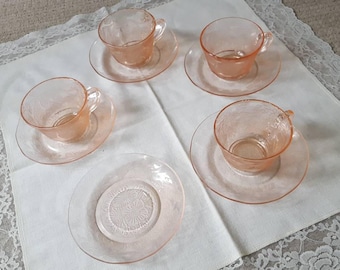 Tea Cups and Saucer Set in Pink Depression Glass Dogwood Apple Blossom Pattern 4 cups and 5 saucers