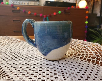 Vintage blue and white pottery mug, signed handmade pottery mug