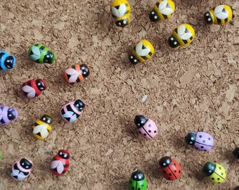 Insect Wooden Push Pins - x12, Bee Tacks, Rainbow Ladybird and Bee Pins, Thumb Tacks, Cork Board Pins, Decorative Push Pins, Bug Pins