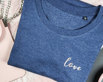 LOVE Print Ladies T shirt, Glitter Rose Gold Love Print, Cotton Tees - Limited Edition