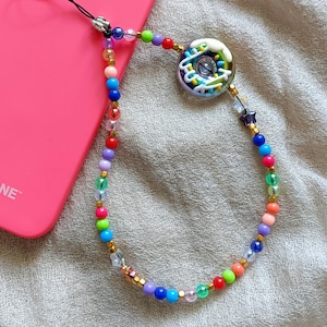 Iridescent Donut & Stars Phone Strap, Phone Wristlet, Beaded Phone Lanyar, Cute Phone Charm, Phone Wrist Strap, Phone Decoration Accessories